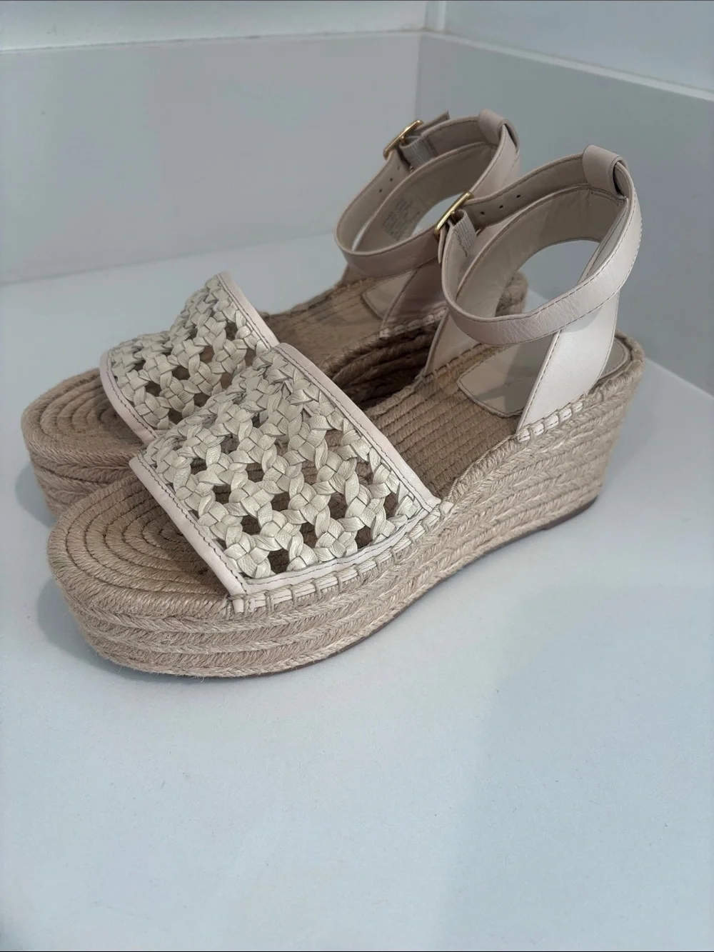 Tory Burch Woven Espadrille Platform Sandals in Ivory Leather Size 8